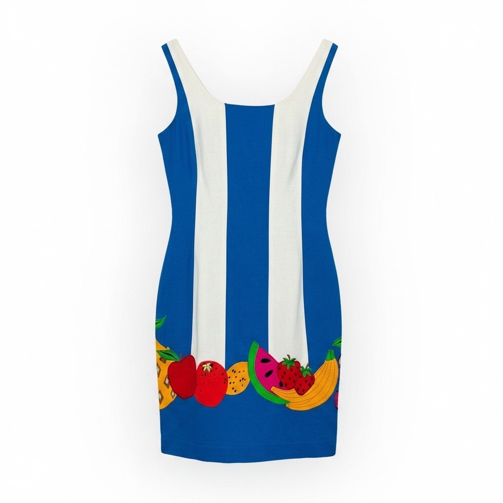 Deborah Laws Vintage Fruit Print Striped Linen Blend Mini Dress Blue White Sz 2
